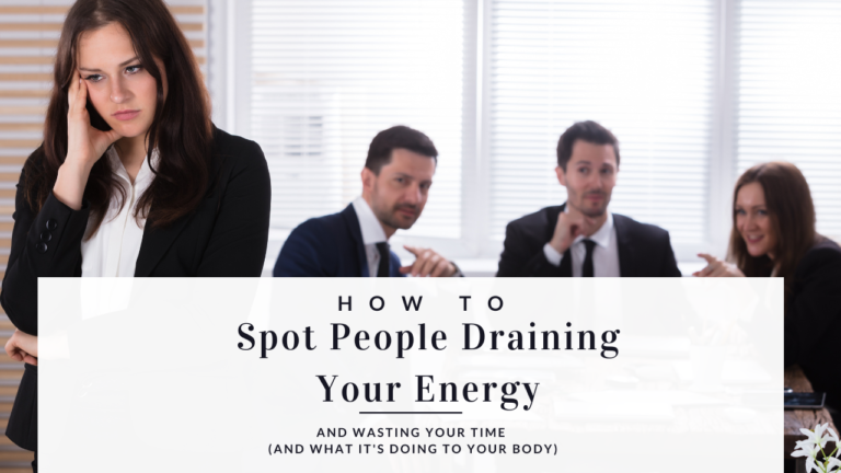 A woman in an office setting looking frustrated while colleagues gossip behind her, illustrating energy-draining interactions at work.