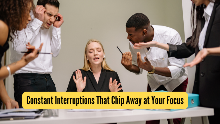 Group of people interrupting a frustrated professional, symbolizing constant distractions that break focus in a workplace.