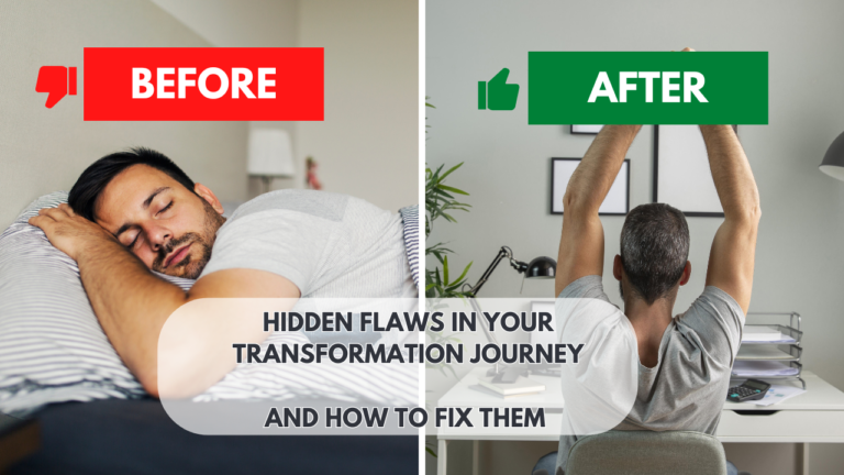 Before and after comparison of a man transforming his lifestyle from unproductive to successful, representing the hidden flaws in transformation journeys.